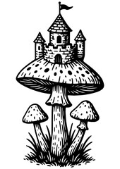 Black and white vector of a fantasy mushroom with a castle on its cap, symbolizing imagination and fairytales, ideal for engraving and prints
