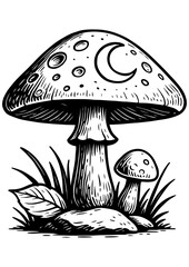 Black and white vector of a moon-textured mushroom among grass and leaves, perfect for engraving, prints, and mystical fantasy art