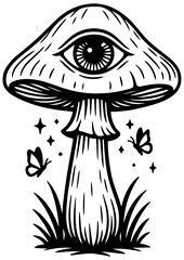Black and white vector of a fantasy mushroom with an eye on its cap and butterflies nearby, symbolizing vision and mystery, for engraving art