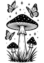 Black and white vector of a fly agaric mushroom with small brooms, whimsical fairytale art for engraving, prints, and creative projects