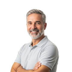 Obraz premium Smiling middle aged man with gray hair and beard wearing a light colored polo shirt with arms crossed isolated on transparent background