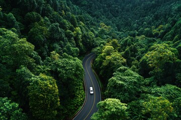 Aerial view of a car driving on a winding road through dense forest.