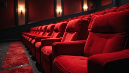Many red velvet seats in dark cinema hall. Chairs for viewers in movie theater. Empty comfy armchairs for show presentation. Luxury interior design with soft furniture for recreation.