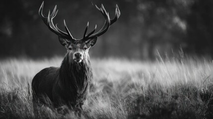 Majestic stag with large antlers standing in tall grass monochrome.