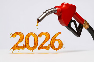 Red fuel nozzle dripping gasoline to form number 2026 on white background, concept of fuel price forecast or energy trend