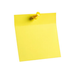 A bright yellow square sticky note with a yellow pushpin attached presented isolated on transparent background