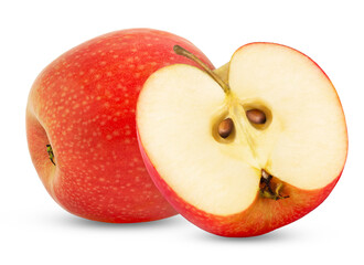 Fresh red apple and a cut in a half with seeds isolated.