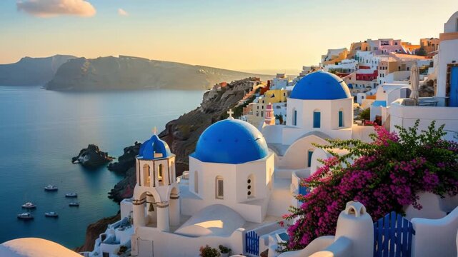 Picturesque santorini, greece with bluedomed churches and whitewashed buildings