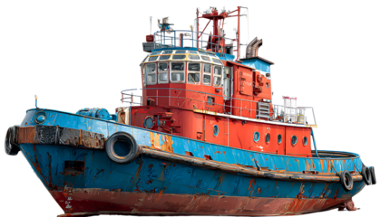 transparent background tug boat, in red and blue colors