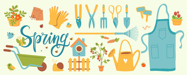Gardening tools and spring elements vector set in flat cartoon style with watering can trowel potted plants rake apron and flowers
