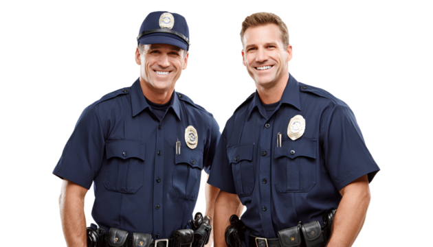 transparent background two handsome, smiling police officers in blue uniforms, isolated