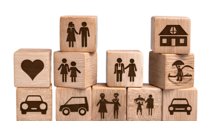 transparent background wooden blocks with icons of people, houses, and cars