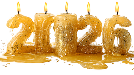 Creative Happy New Year 2026 scene where numeric candles “2026” stand on a glossy surface with melted wax puddles, golden sparkles, and subtle smoke trails, isolated on white background