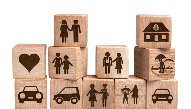transparent background wooden blocks with icons of people, houses, and cars