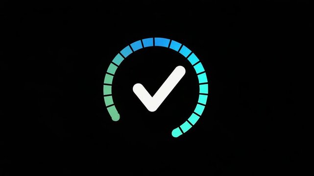 Progress bar with checkmark icon indicating completion, isolated on black background motion animated video