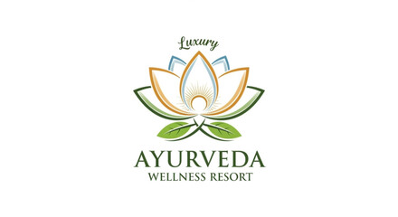 Elegant ayurveda wellness resort logo design with lotus flower and luxury script
