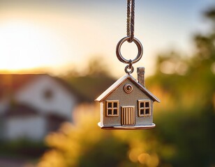 house shaped keychain hanging outdoors symbolizing new homeownership and real estate opportunities