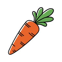 Bright orange cartoon carrot with green leaves, black outline, and horizontal texture lines, fresh vegetable.