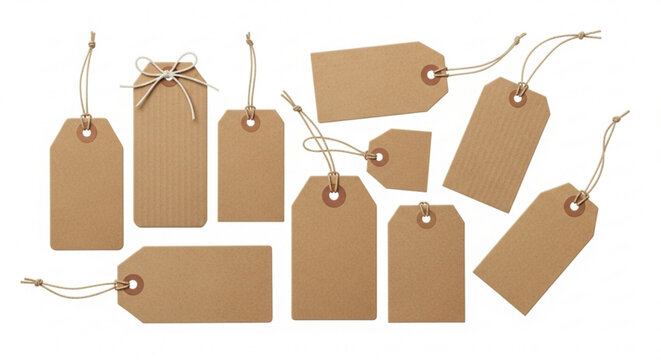 Collection of blank brown paper tags with string on a white background for mockups