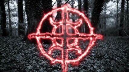 Illuminated red symbol in forest, glowing against dark trees, hinting at horror/occult use - Powered by Adobe