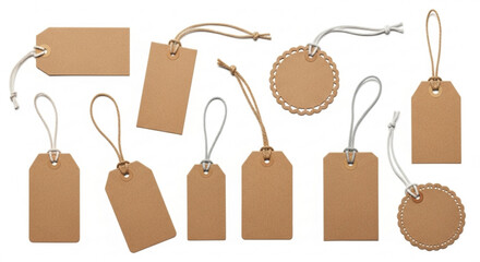 Collection of blank brown paper tags with string on a white background studio shot