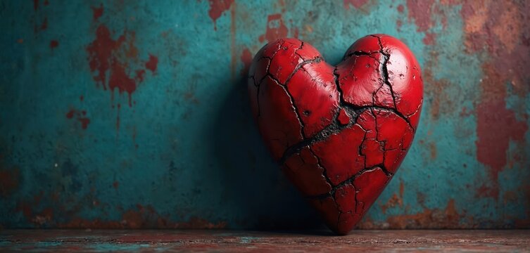 Red cracked heart sculpture rests on dark rustic wood. Leans against distressed teal wall with rusty orange spots. Artistic broken heart reflects deep pain, profound love, strong emotion, vintage