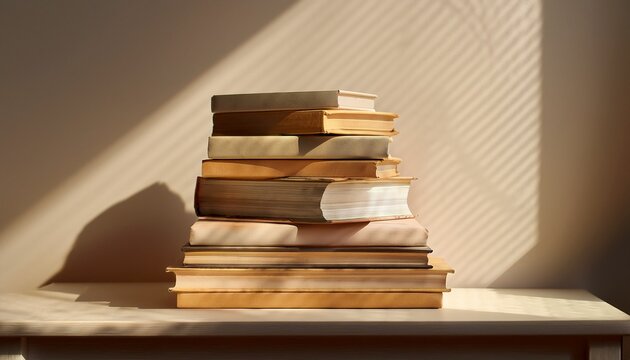 stack of books in soft light with shadows on neutral background