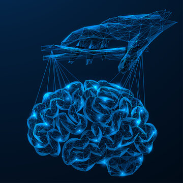 Mind control. The human hand controls the brain like a puppet.The concept symbolizes artificial intelligence, the impact of data and the connection with technology. Polygonal design, blue background.