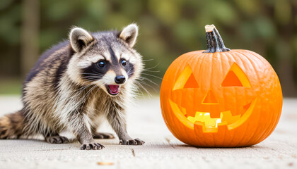 Raccoon beside glowing pumpkin during autumn celebration in the park