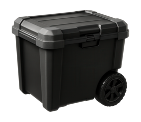 Sturdy rolling storage container with reinforced corners, ideal for garage tool