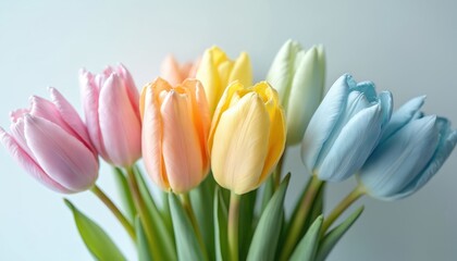 Fototapeta premium Soft pastel rainbow tulip bouquet arranged in gentle pastels. Blooming flowers with green leaves suggest springtime celebration. Delicate floral arrangement perfect for Easter