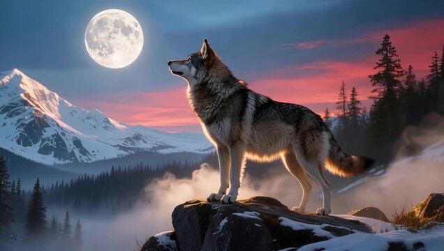 Lobo majestuoso sobre rocas mirando la luna llena en cielo crepuscular