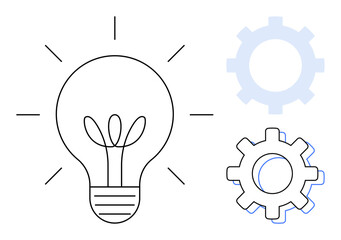 Light bulb with glowing rays and two gears symbolizing innovation, creativity, technical solutions, teamwork, and process optimization. Ideal for brainstorming, development, strategy, progress