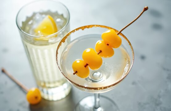 Two cocktails with yellow cherries and lemon slices. One drink is in a coupe glass with gilded rim. Other beverage is in a tall tumbler with ice. Both are clear spirits with garnish. - Powered by Adobe