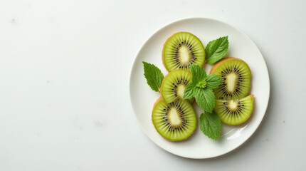 Fresh kiwi slices arranged on white plate with mint leaves  