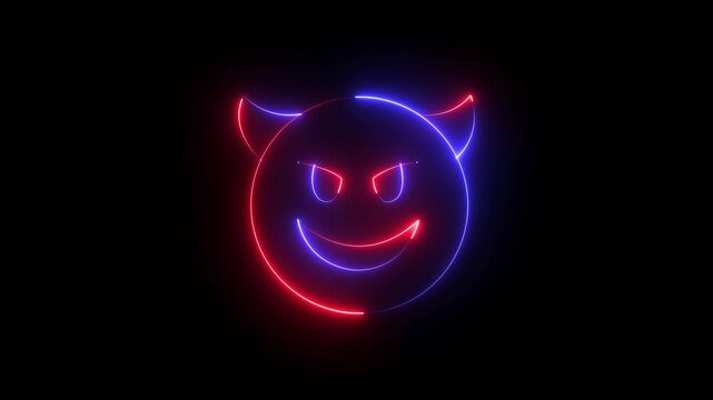 glowing neon devil icon animation . glowing neon demon emoticon. devil with grin face ,mockery emoticon ,cute demon icon .4k motion animation video .