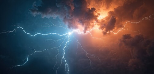 Fototapeta premium Powerful lightning strikes during storm amid dark clouds. Vivid illustration energy, chaos, raw power. Illustration could represent challenge, change, crisis, natural disaster, dynamic forces.