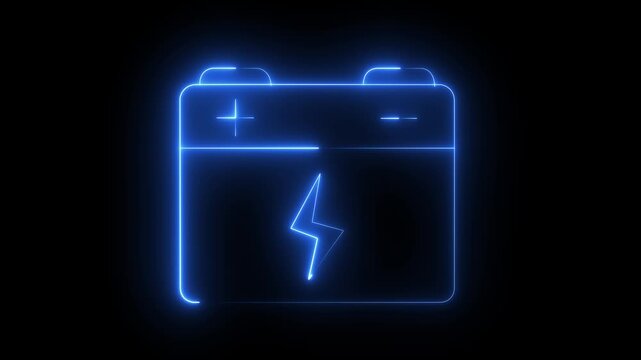 Glowing neon line battery icon isolated on black background. Energy storage line animation. Rechargeable battery. car battery icon animation Glowing neon line animation. 4k motion graphics animation.