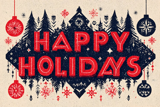 Vintage holiday postcard design with red and navy festive ornaments