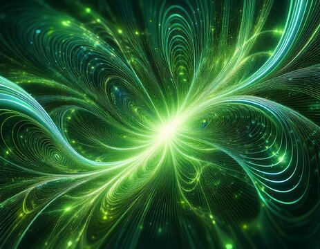 abstract green energy strings of tachyons and higgs boson white background particle emitter iridescent neon holographic glow flash rays shining gradient visual generative ia