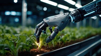 A robotic hand nurtures plants in a futuristic lab, showcasing agricultural biotechnology and smart farming.
