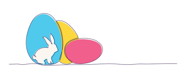 Bunny and Colorful Easter Eggs, Line Art Illustration