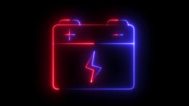 Glowing neon line battery icon isolated on black background. Energy storage line animation. Rechargeable battery. car battery icon animation Glowing neon line animation. 4k motion graphics animation.