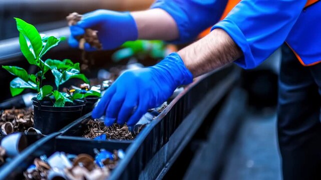 Worker Wearing Blue Glove Sorting Metal and Glass Waste, Recycling Facility with Potted Plant, Eco Friendly Gardening and Sustainability Promotion