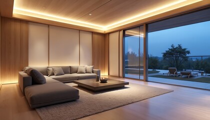 Fototapeta premium Modern minimalist living room with light wood interior and gray sofa. Large window with view of outdoor lounge chairs and trees at dusk. Coffee table on rug in cozy luxury apartment.