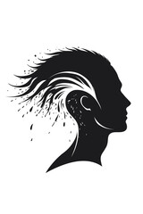 Vector illustration of a human head silhouette with abstract hair dissolving into particles. Concept art symbolizing mental energy, freedom, creativity, and emotional release.