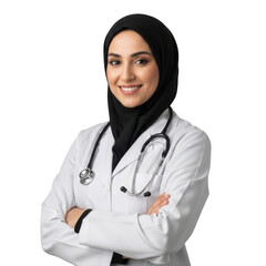A smiling female medical professional wearing a white lab coat and black hijab with a stethoscope around her neck isolated on transparent background