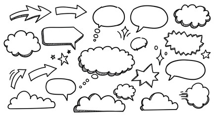 Hand drawn speech and thought bubbles with doodle arrows and stars