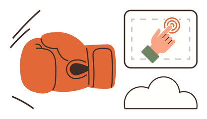 Boxing glove in motion, hand touching a digital panel, and a cloud symbol. Ideal for conflict resolution, digital transformation, strategy, teamwork, leadership innovation or strength. Simple flat