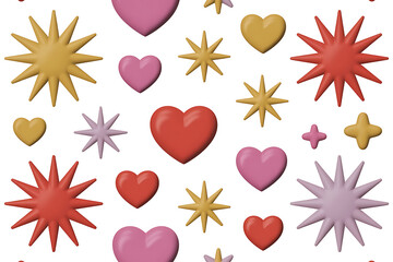 Colorful hearts and starbursts scattered across a white background, conveying joy and affection.